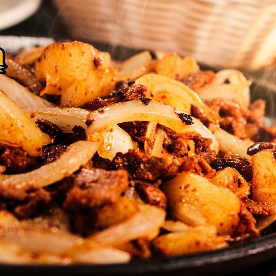 Steaming Mi Cabaña Mexican chorizo and potato dish with onions in a hot skillet.