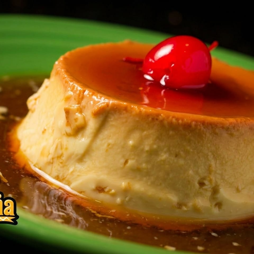 Flan dessert with caramel sauce and a cherry on top, served on a green plate.